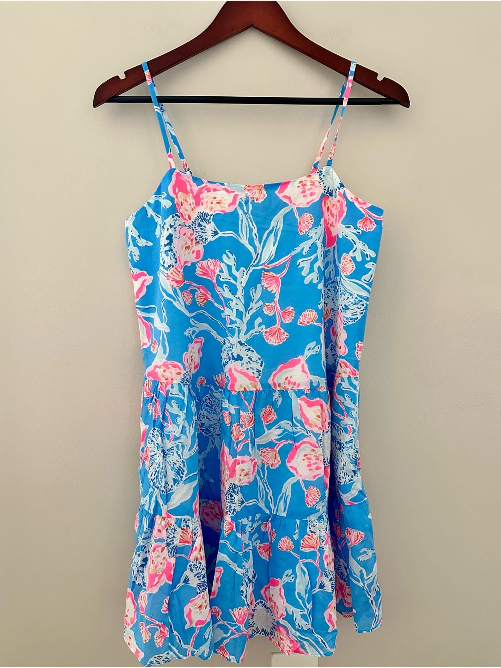 Lilly Pulitzer Blue Floral Spaghetti-Strap Dropped Waist Flounce Dress